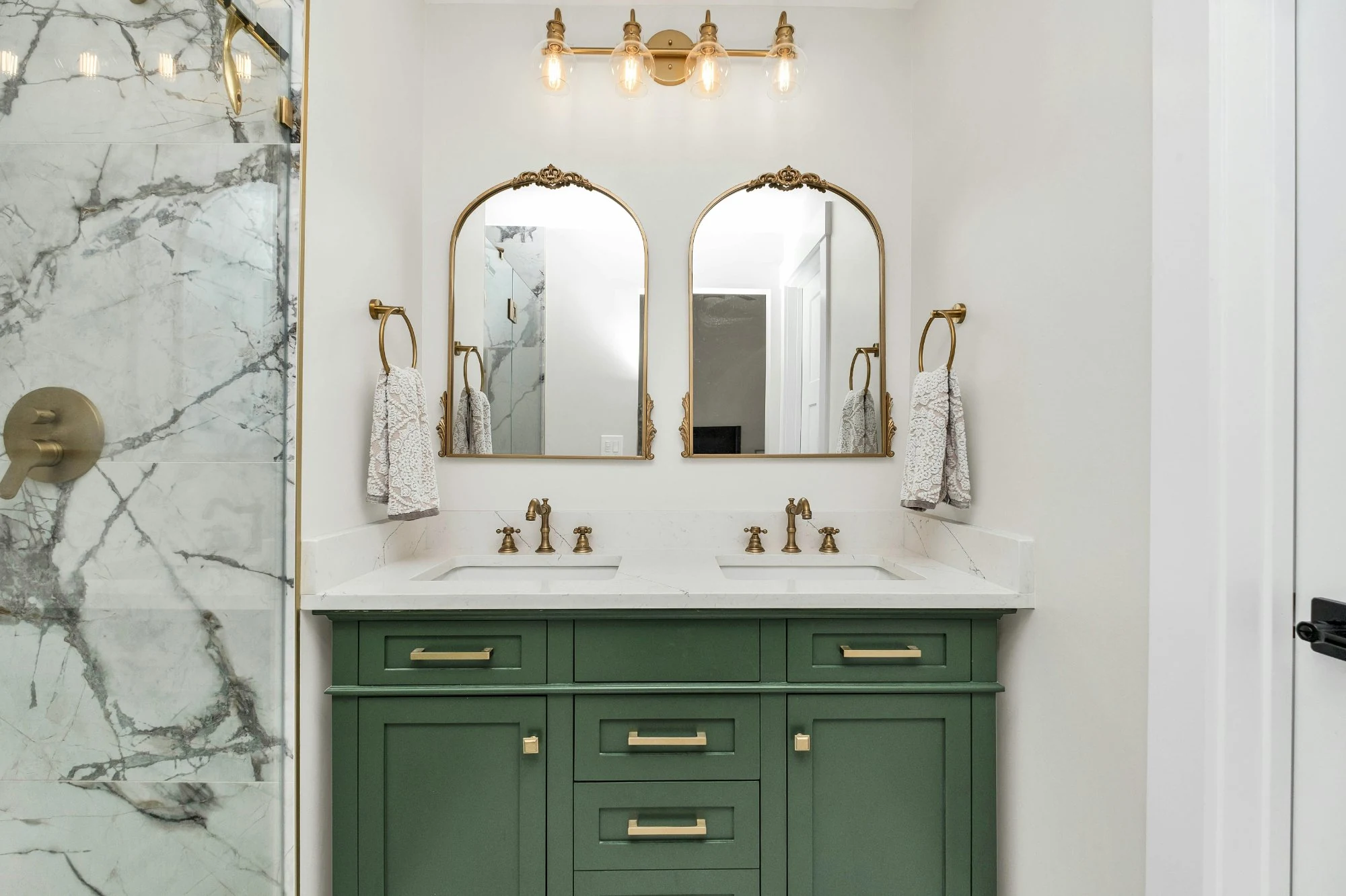 Green vanity bath with gold fixtures, luxury renovation NJ