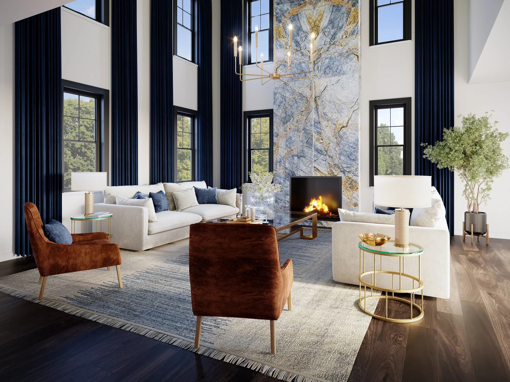 The Ridgewood - two-story great room with marble fireplace, NJ new build